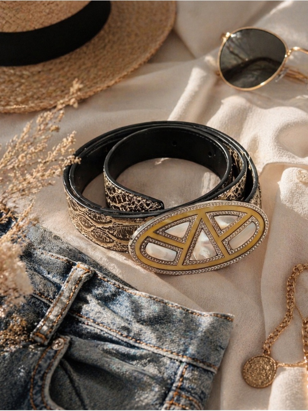 CAbi Embossed Leather Belt MOP Rhinestone Buckle Boho Statement